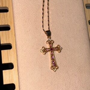 Gold Cross Pendant Necklace with Pink Accents